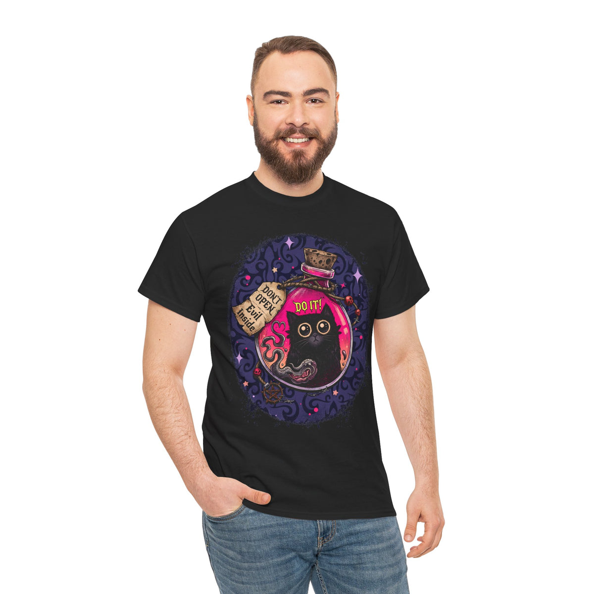 Don't Open Evil Inside Potion Cat T-Shirt — Creepy Cute Black Cat Tee