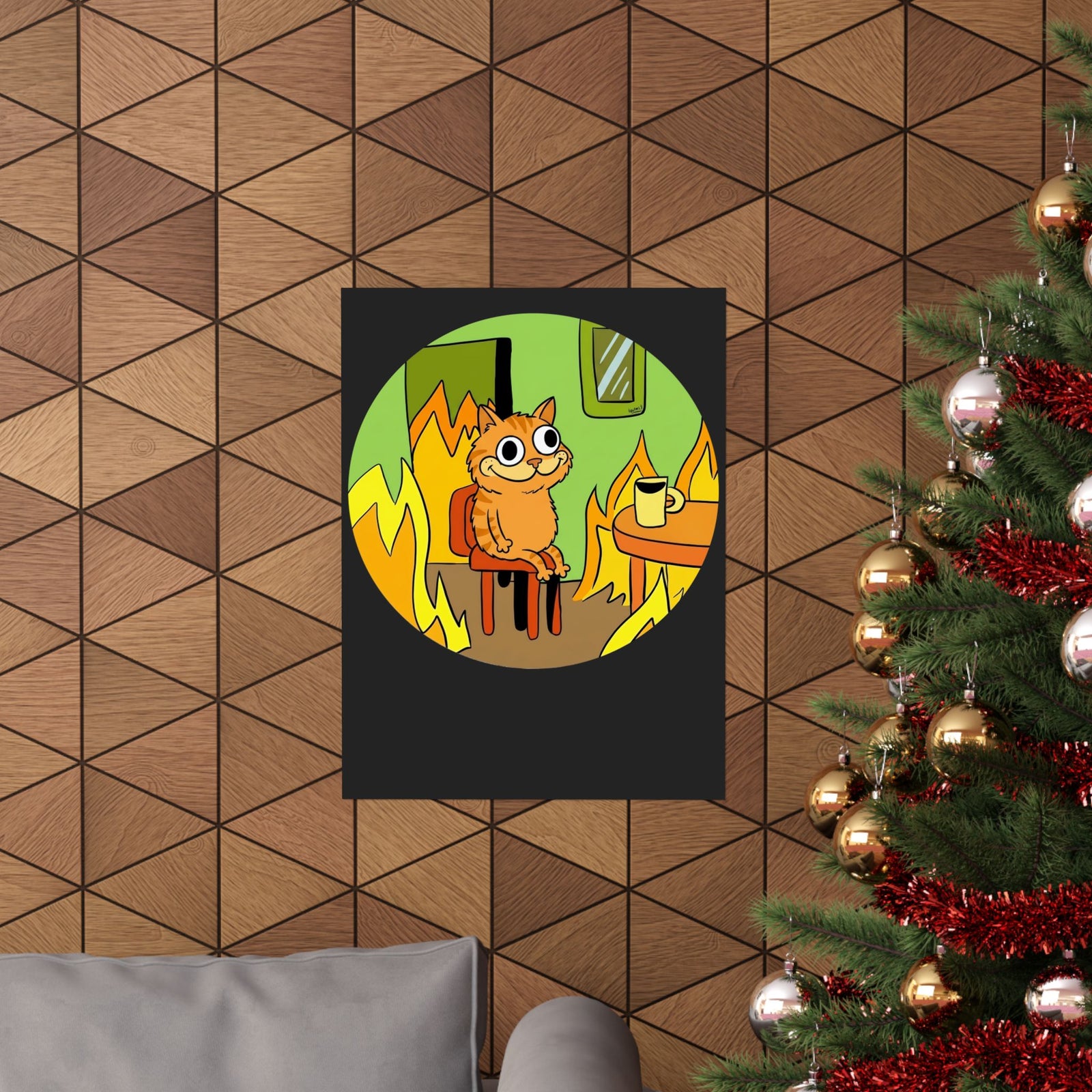 This Is Fine Orange Cat Poster — Funny Meme Parody Feline Graphic Poster