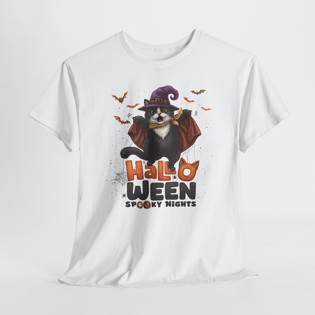 Halloween Spooky Nights Tuxedo Cat T-Shirt — Cute Flying Witch Cat Tee