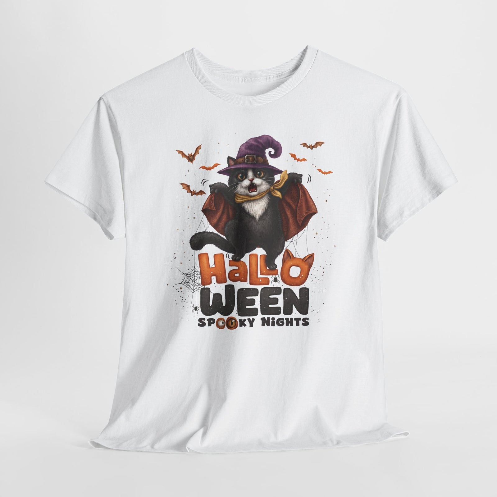 Halloween Spooky Nights Tuxedo Cat T-Shirt — Cute Flying Witch Cat Tee