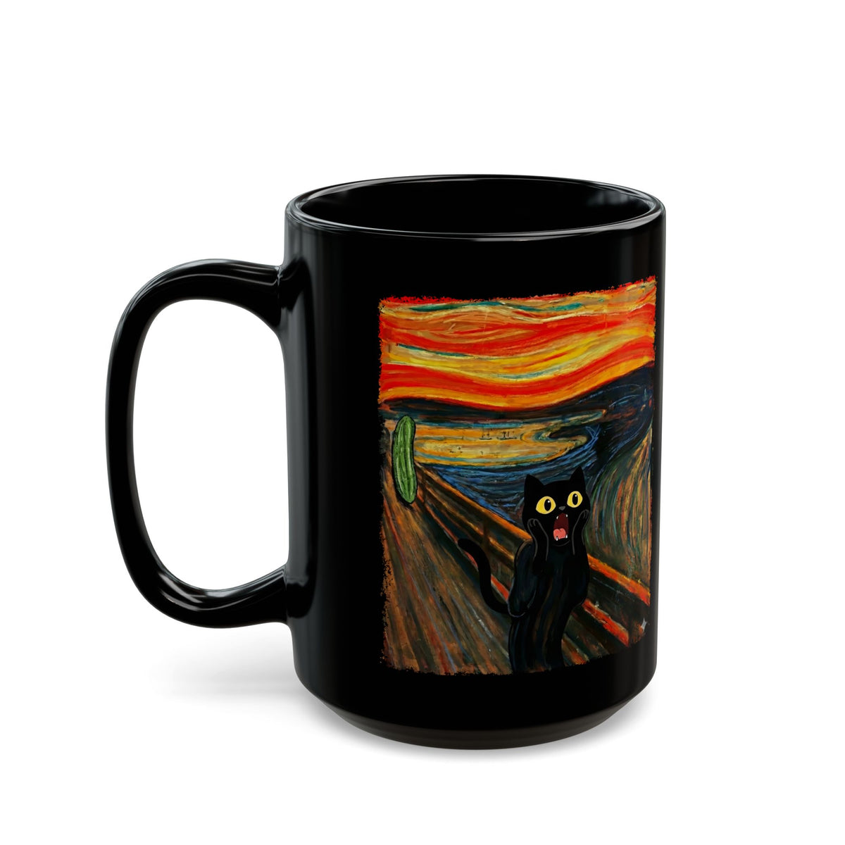 Black Cat Scream Black Mug — Cats Scared by Cucumbers Graphic Mug