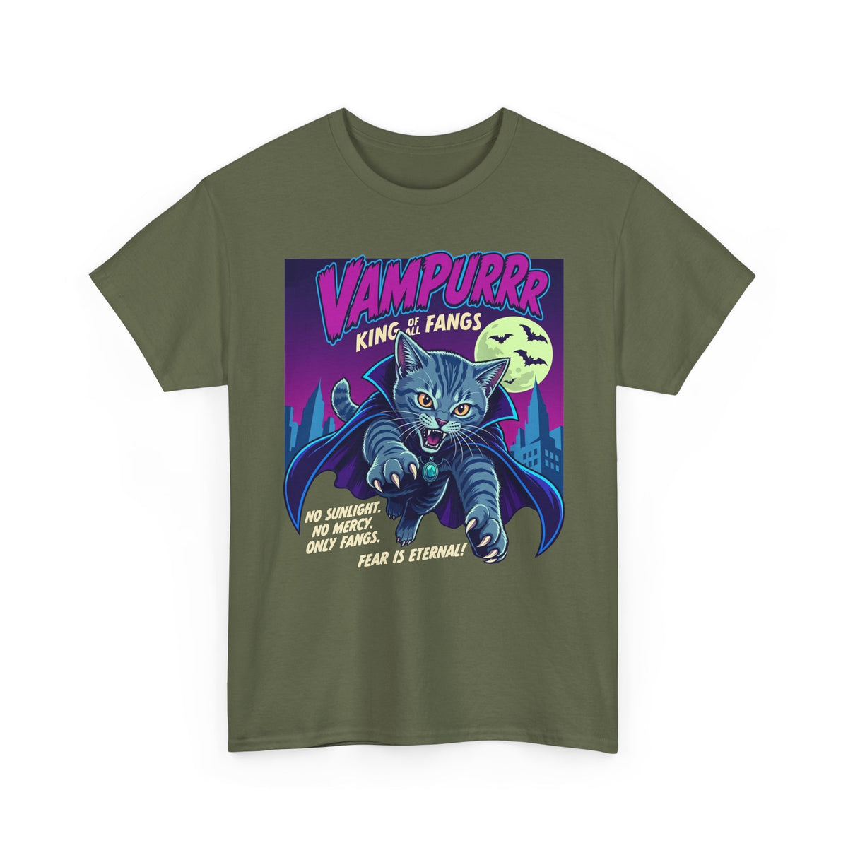 Vampurrr King of Fangs Cat T-Shirt — Retro Vampire Cat Graphic Tee