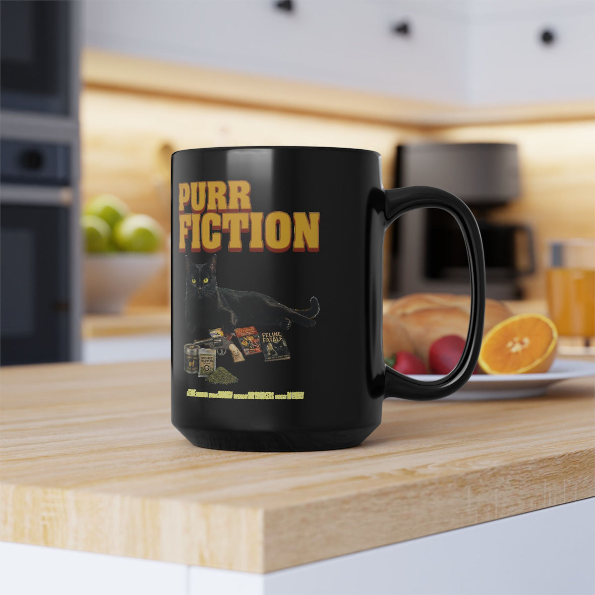 Purr Fiction Cat Parody Black Mug