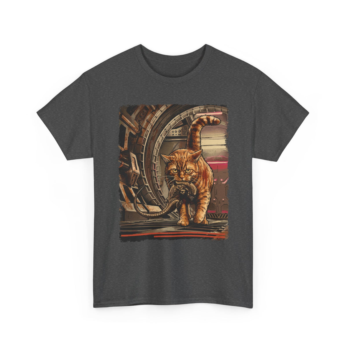 Sci-Fi Pest Control Cat T-Shirt — Alien Hunter Orange Tabby Graphic
