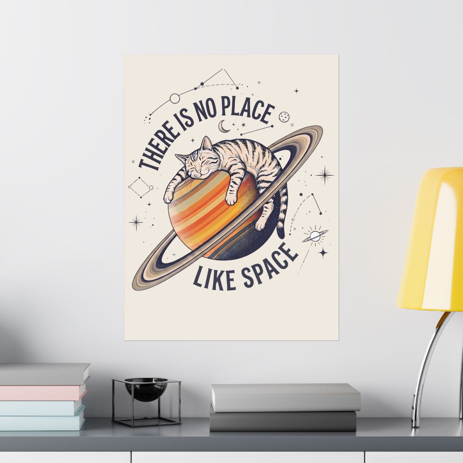 There Is No Place Like Space Poster — Funny Sleeping Cat Saturn Poster