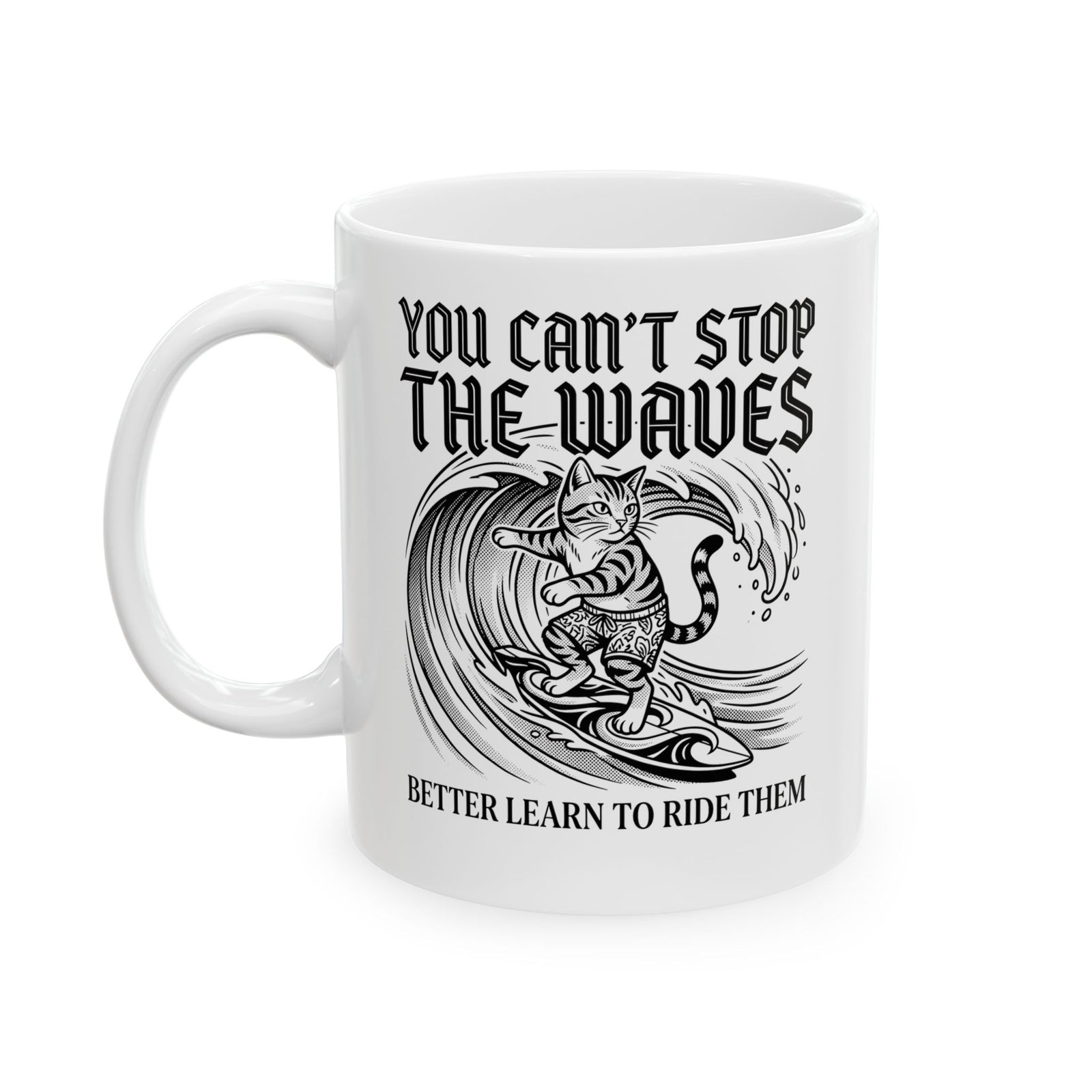 Vintage Surfer Cat Ceramic Mug — Monochrome Ocean Waves Graphic Mug