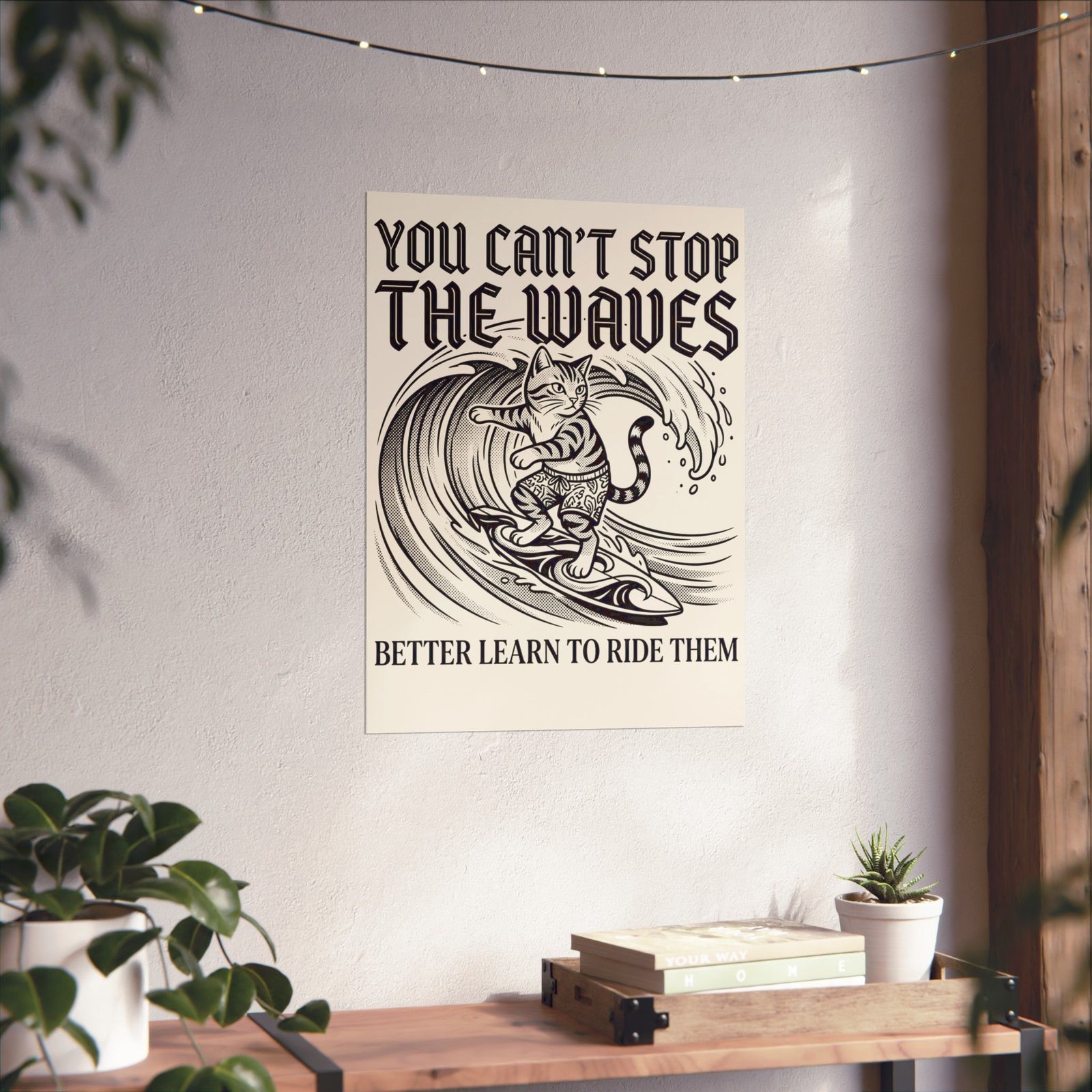 Vintage Surfer Cat Poster — Monochrome Ocean Waves Graphic Poster