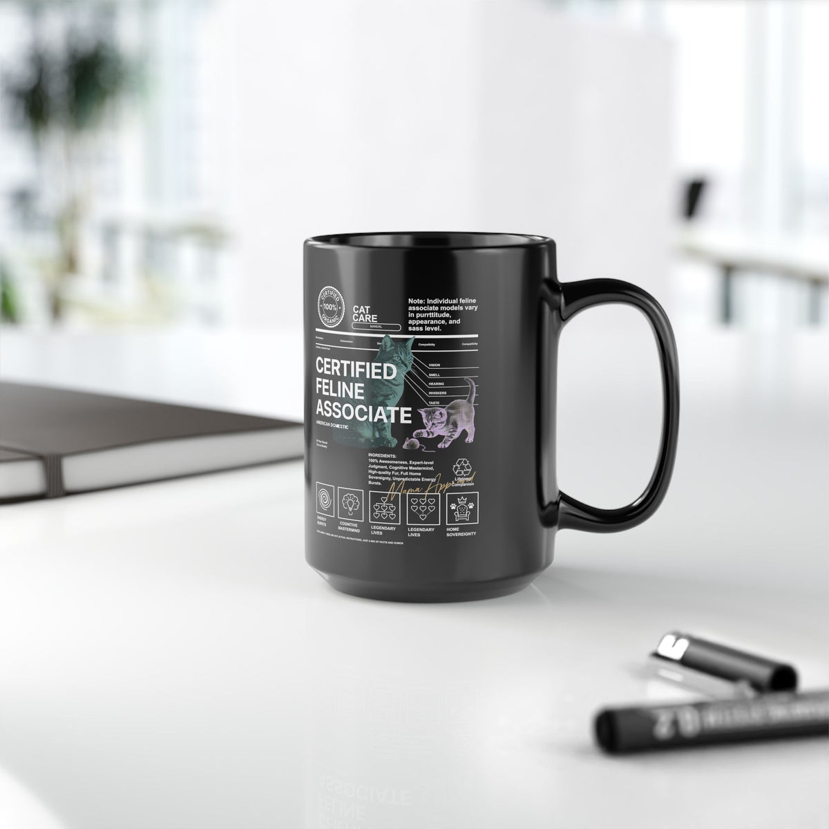 Certified Feline Associate Black Mug — Funny Cat Lover Mug