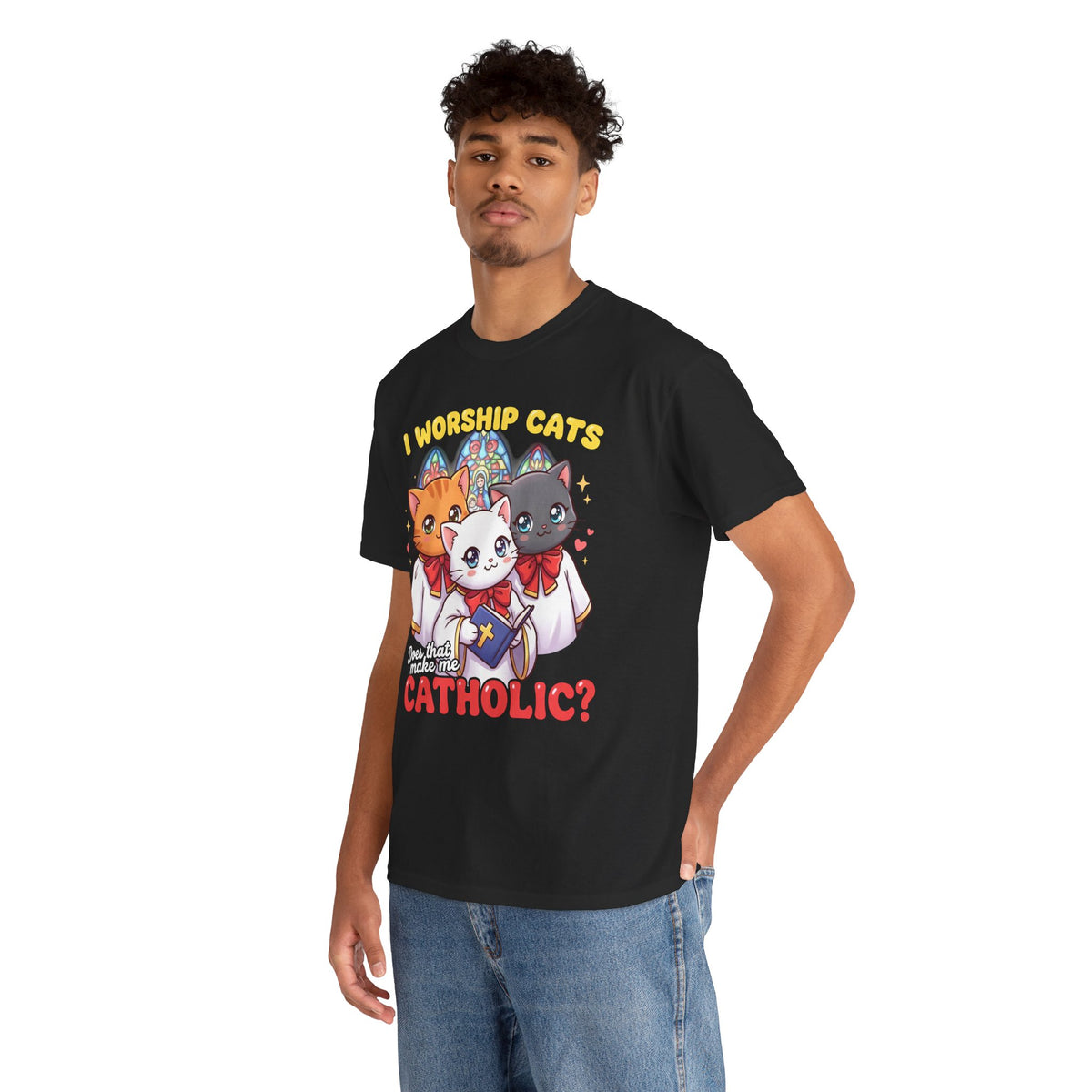 Worship Cats Tee — "Does that make me Catholic" Funny Cat Shirt