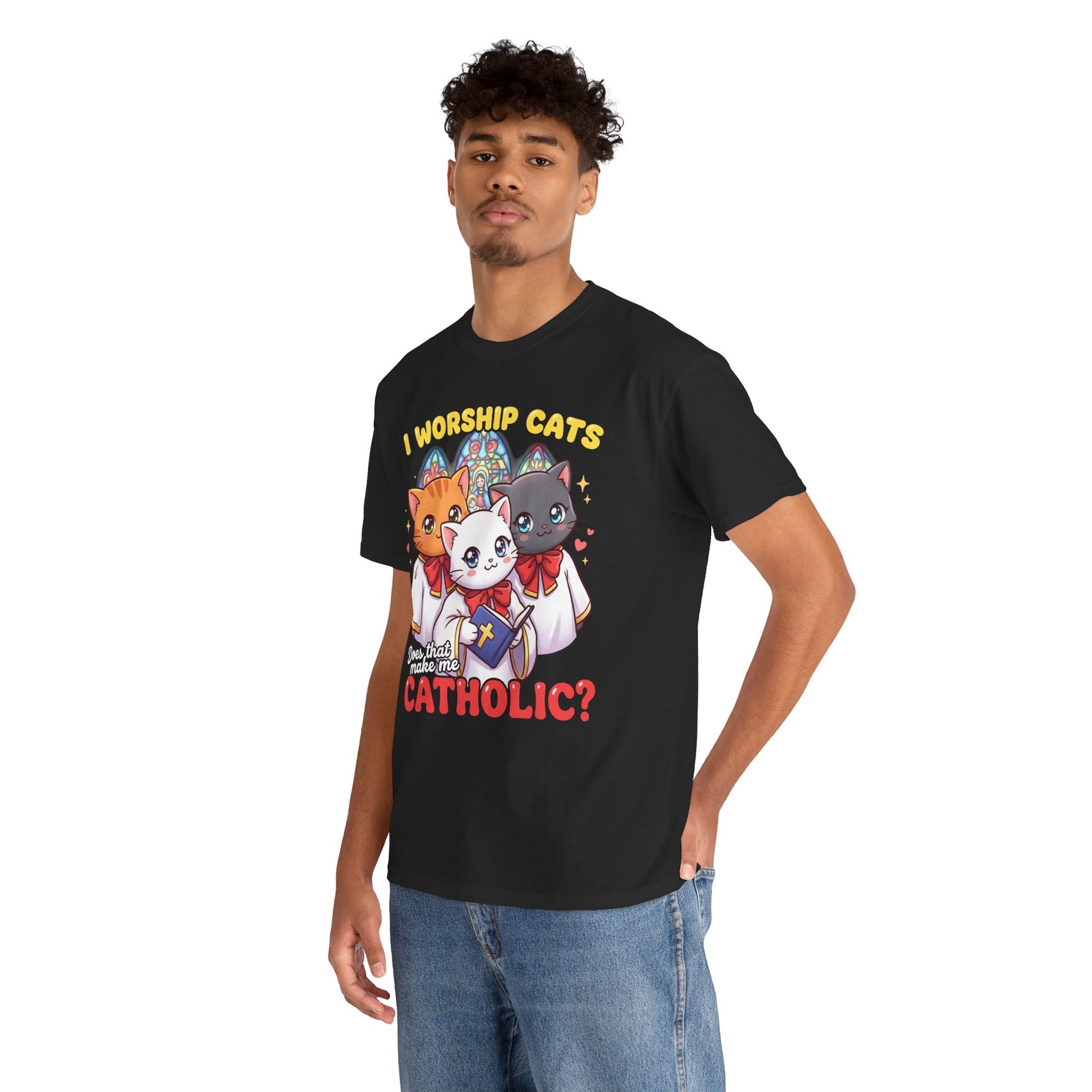 Worship Cats Tee — "Does that make me Catholic" Funny Cat Shirt