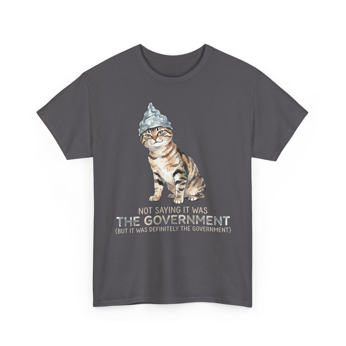 Conspiracy Cat T-Shirt — Funny Tin Foil Hat Cat Tee (“Not Saying It Was The Government”)