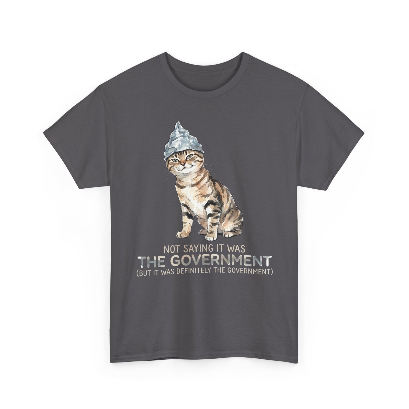 Conspiracy Cat T-Shirt — Funny Tin Foil Hat Cat Tee (“Not Saying It Was The Government”)