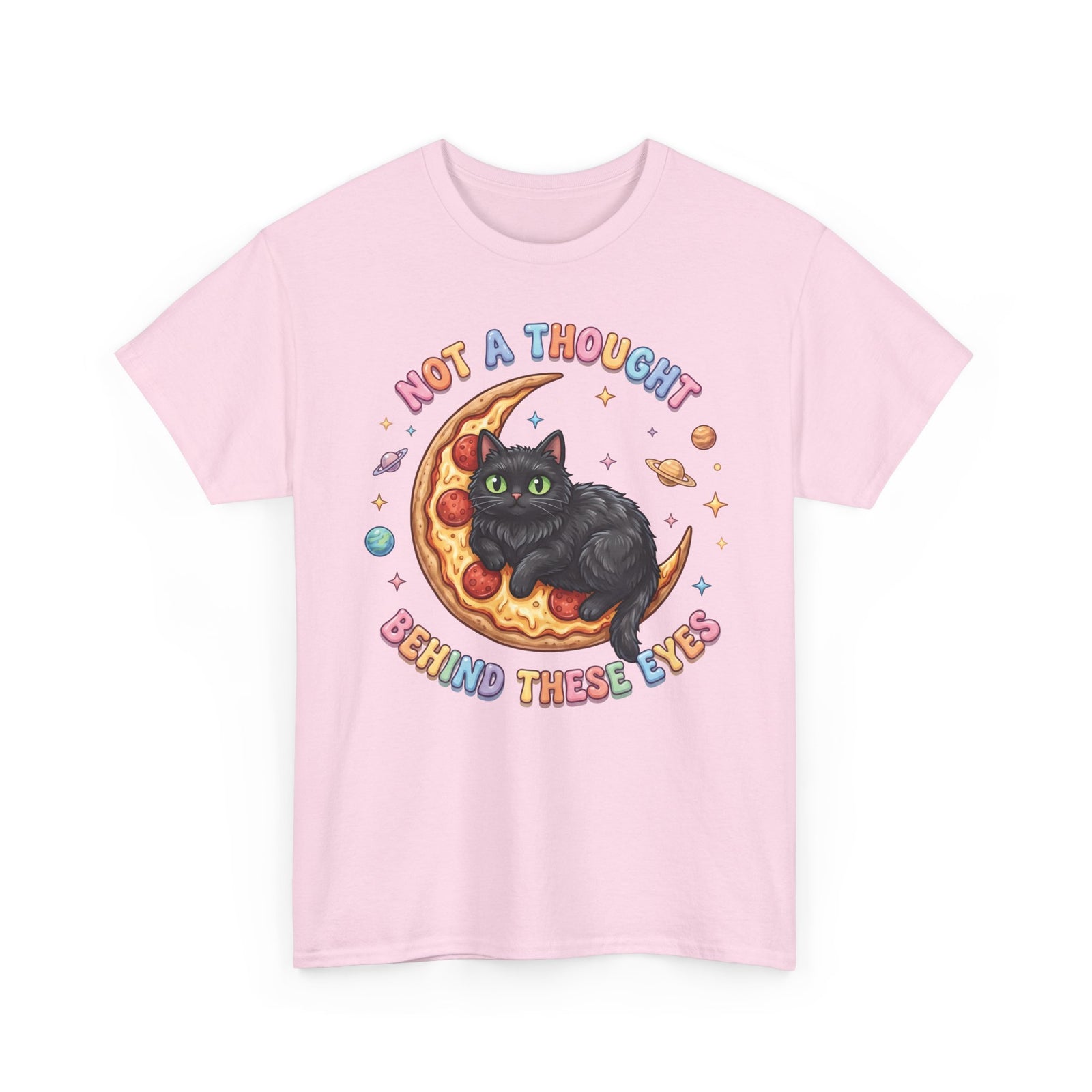 Not A Thought Behind These Eyes T-Shirt — Funny Black Cat Pizza Moon Tee