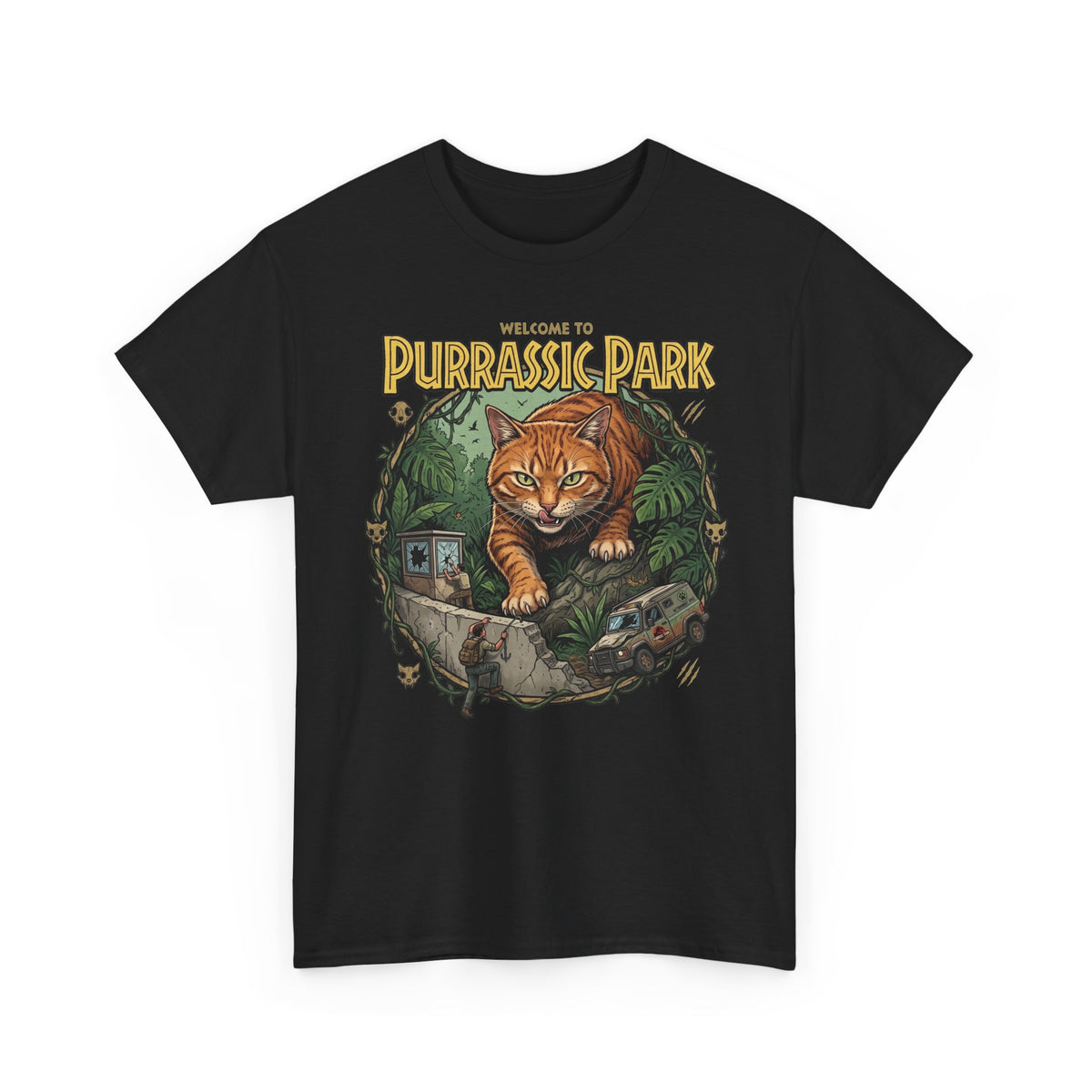 Purrassic Park Cat T‑Shirt — Retro Dino-Parody Graphic Tee
