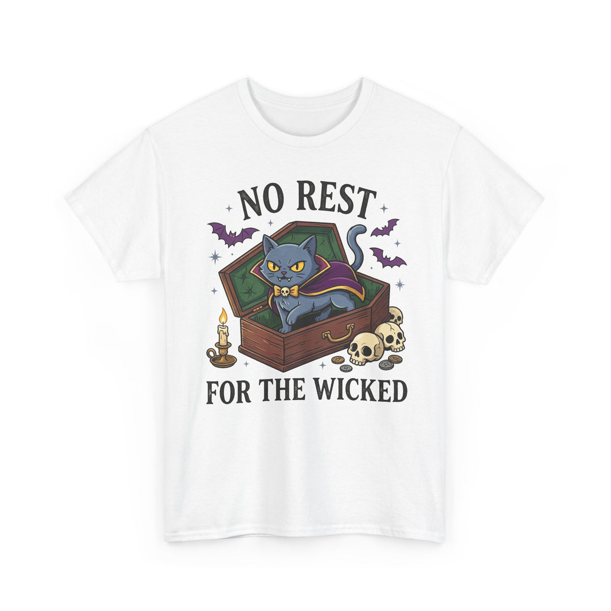 No Rest For The Wicked Cat Tee — Halloween Cat Coffin Graphic T-Shirt
