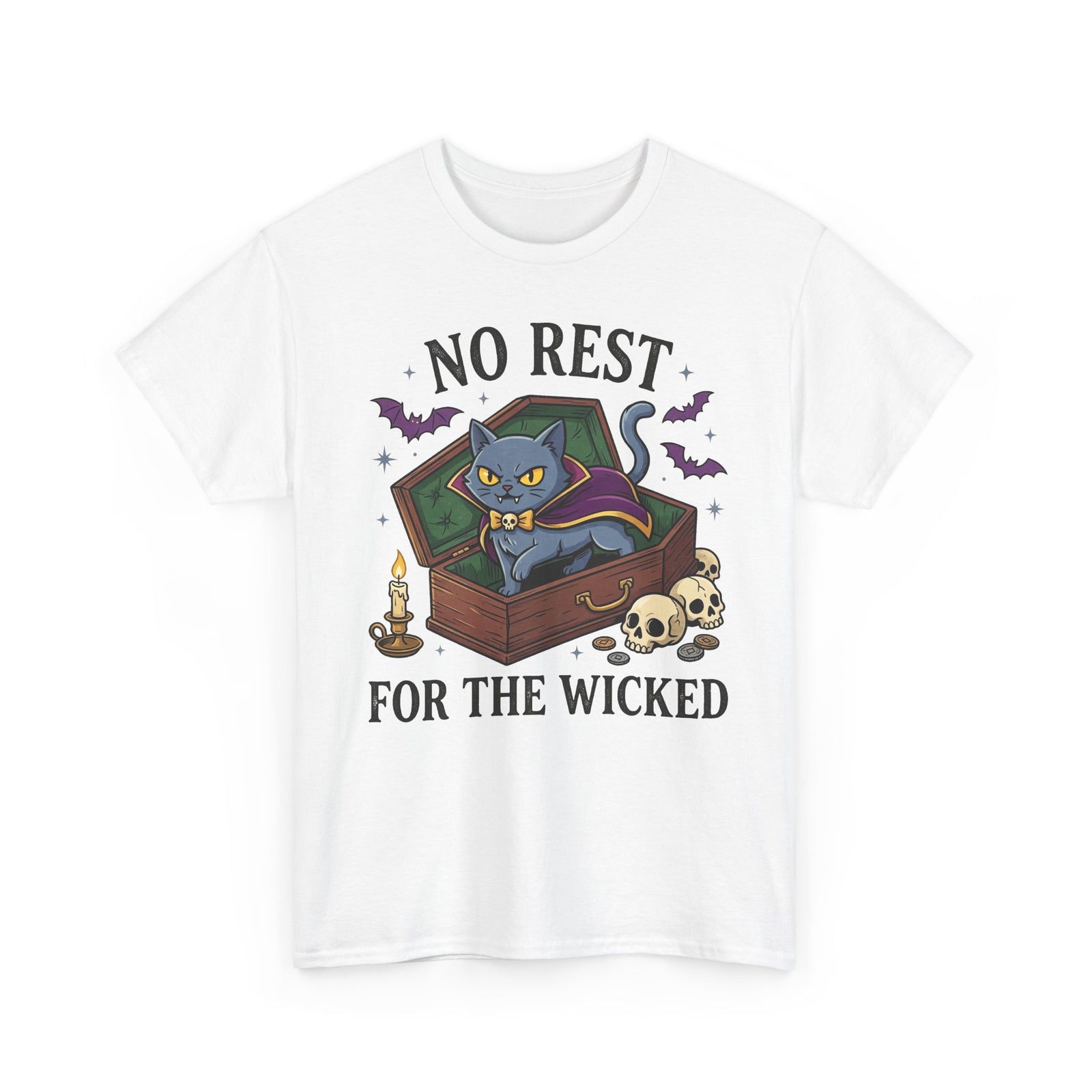 No Rest For The Wicked Cat Tee — Halloween Cat Coffin Graphic T-Shirt