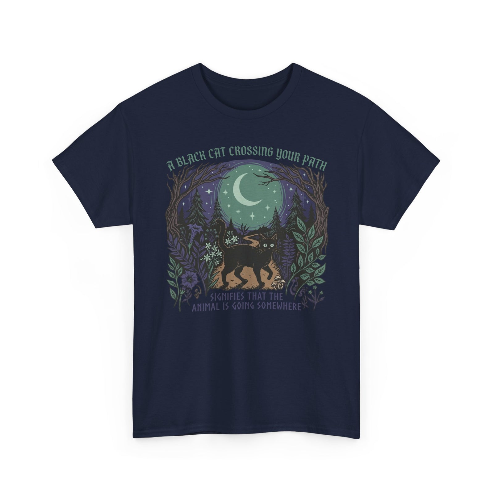 Black Cat Crossing Your Path Tee — Whimsical Moonlit Forest Cat Shirt