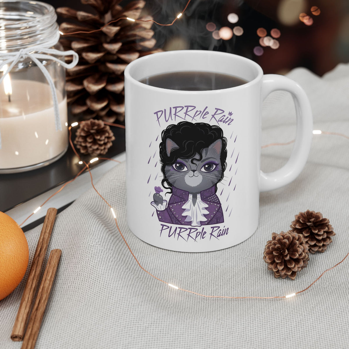 Purrple Rain Cat Parody Ceramic Mug — Cute Cat 'Purrple Rain' Graphic Mug