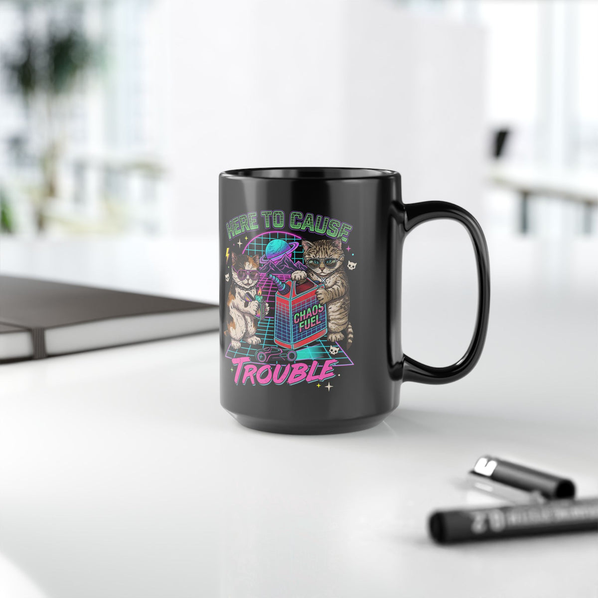 Here to Cause Trouble Naughty Cats Black Mug