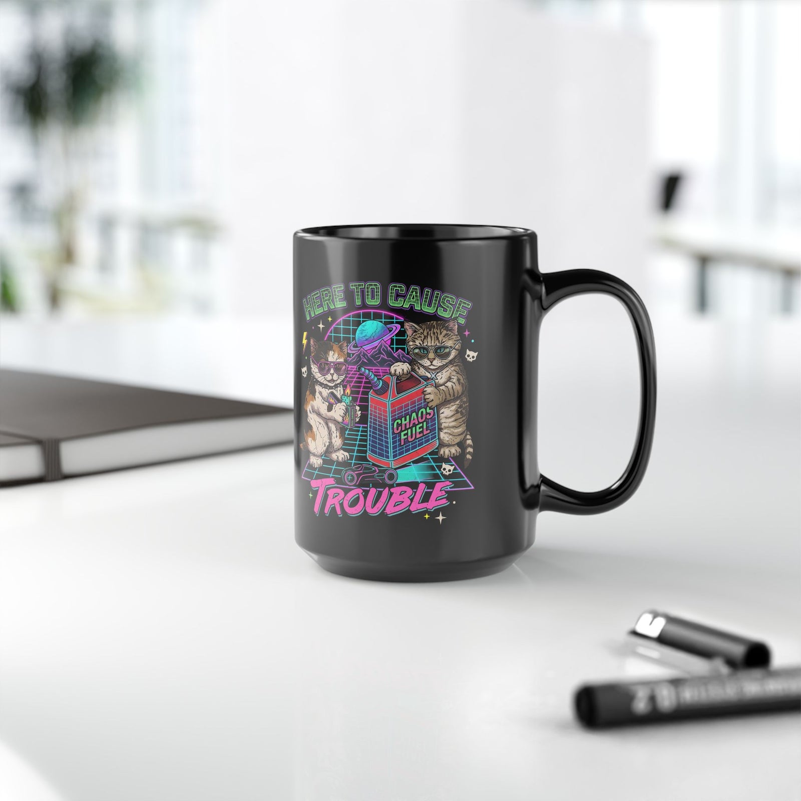Here to Cause Trouble Naughty Cats Black Mug