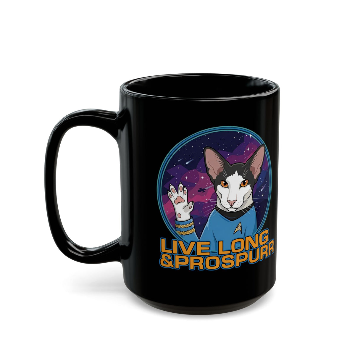 Sci‑Fi Cat 'Live Long Prospurr' Black Mug