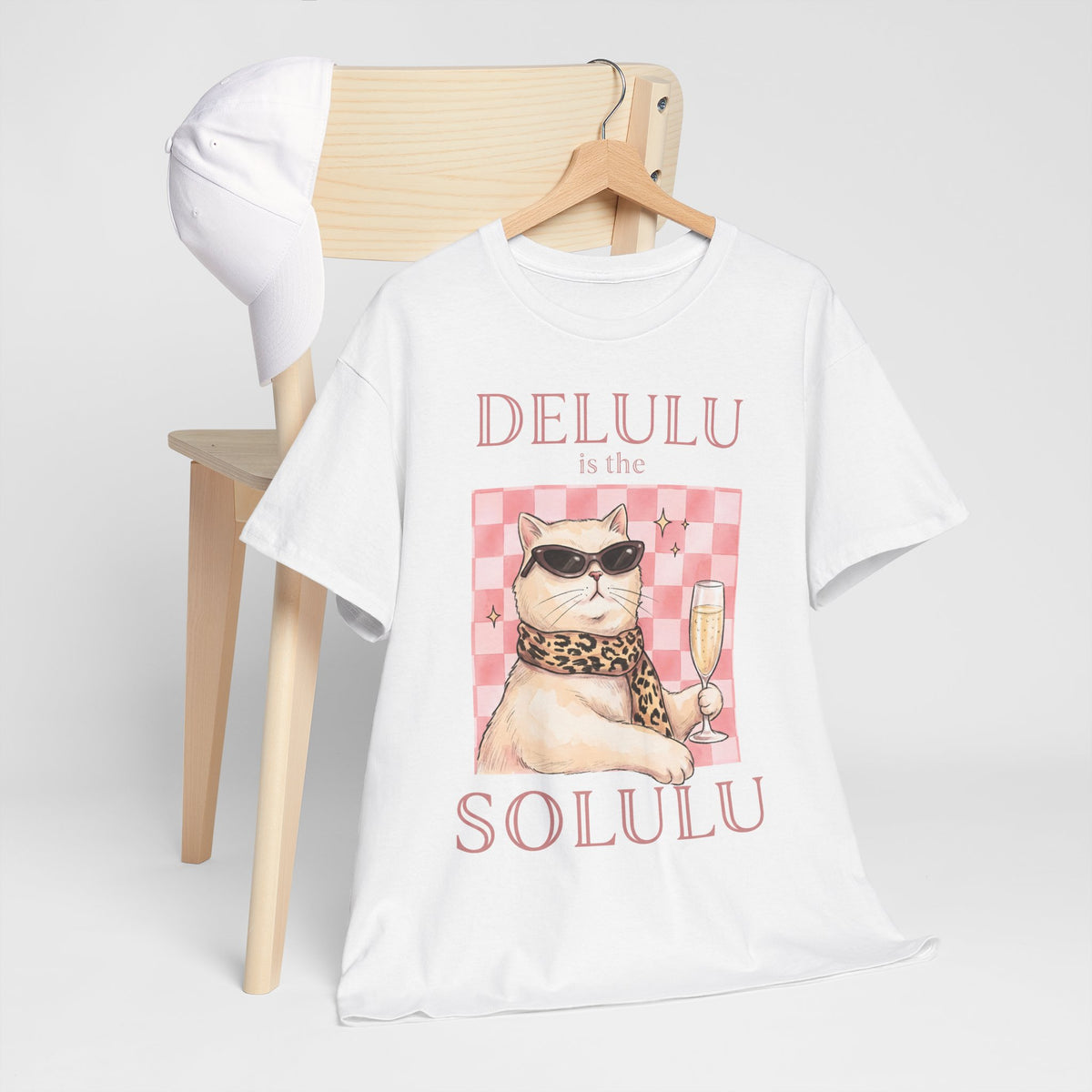 Delulu Is The Solulu T-Shirt — Funny Sassy Cat Champagne Graphic Tee