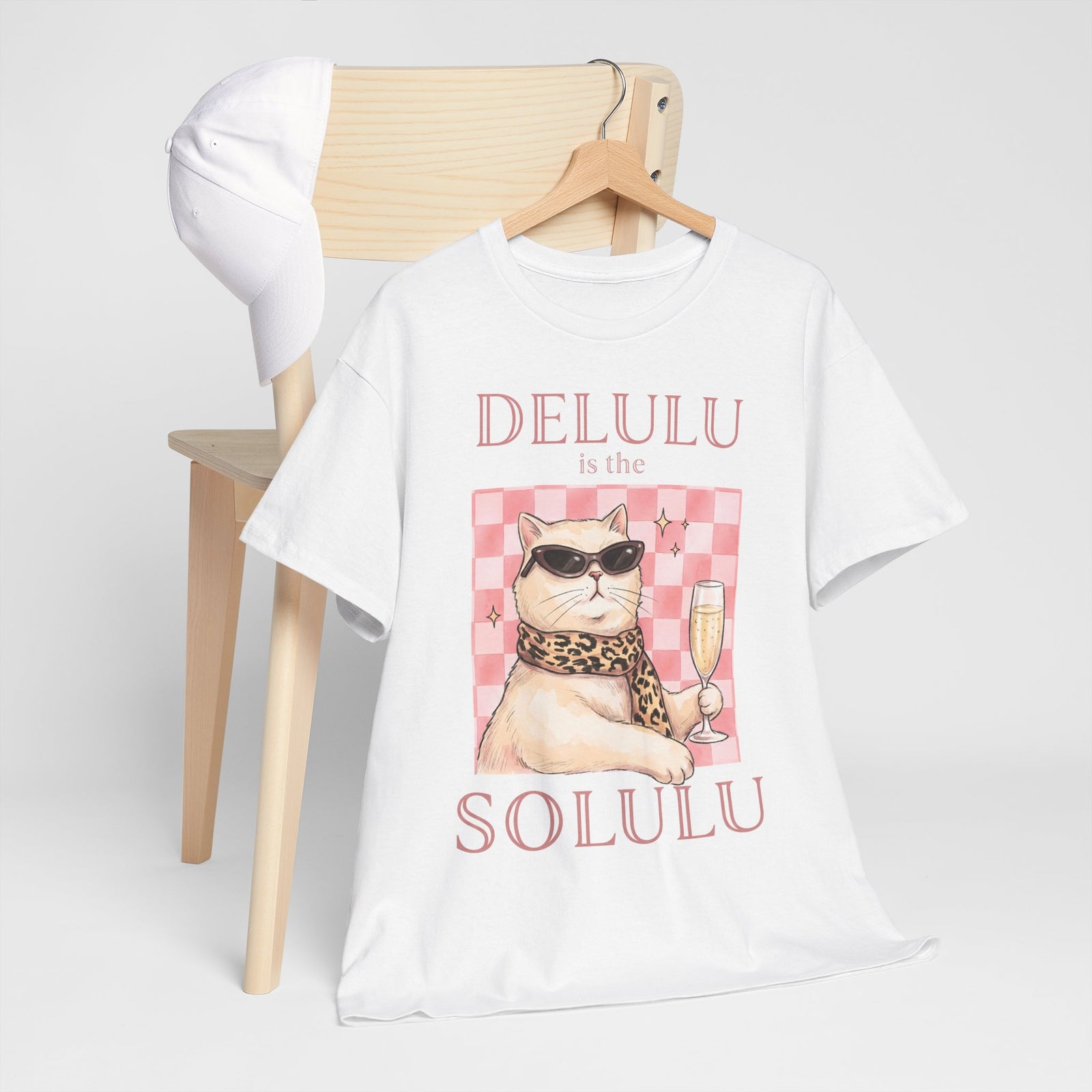 Delulu Is The Solulu T-Shirt — Funny Sassy Cat Champagne Graphic Tee