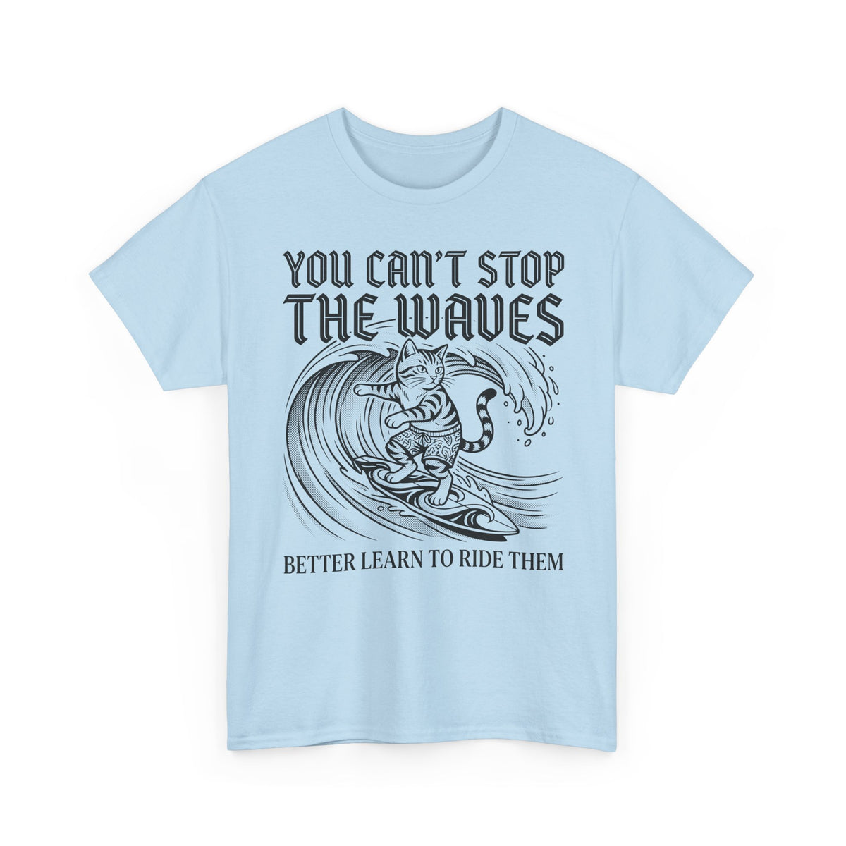 Vintage Surfer Cat T-Shirt — Monochrome Ocean Waves Graphic Tee