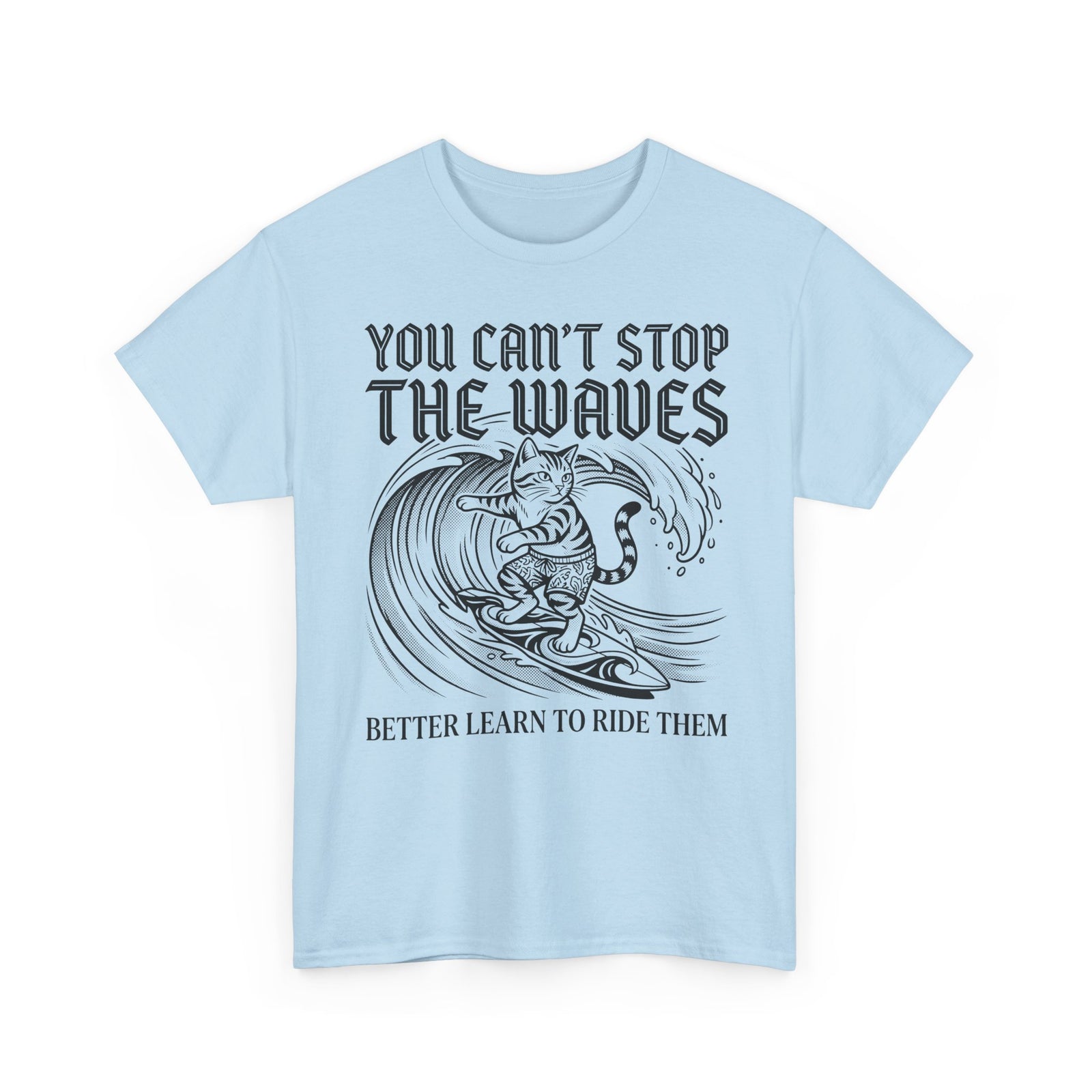 Vintage Surfer Cat T-Shirt — Monochrome Ocean Waves Graphic Tee