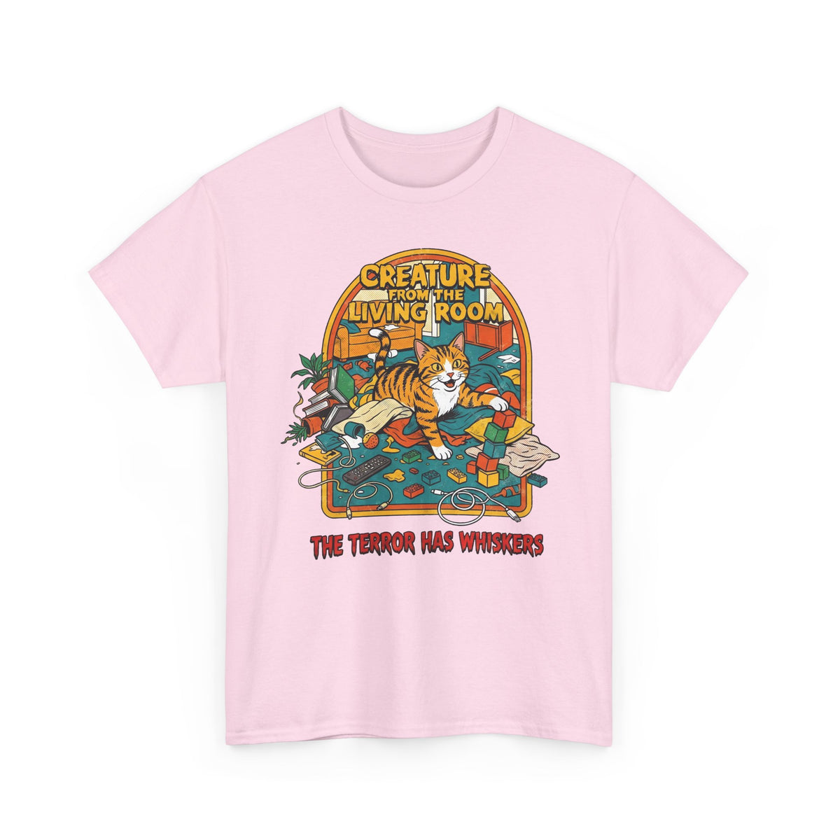 Cozy Living Room Cat Tee — Retro Sunlit Illustration Graphic Shirt
