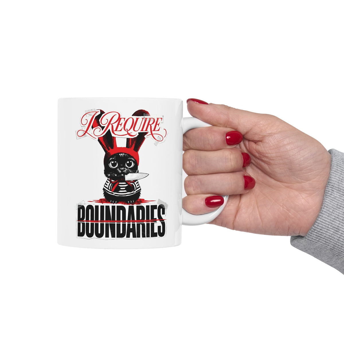 I Require Boundaries Ceramic Mug — Funny Creepy Cute Cat Knife Mug