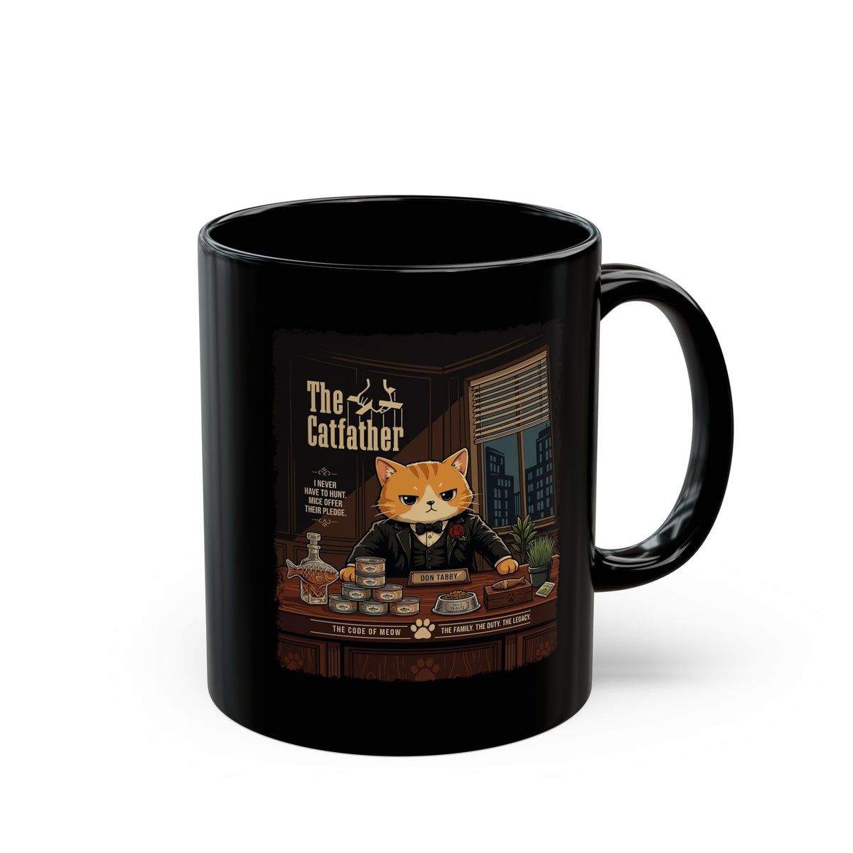 The Catfather Black Mug — Funny Mafia Cat Mug for Cat Lovers