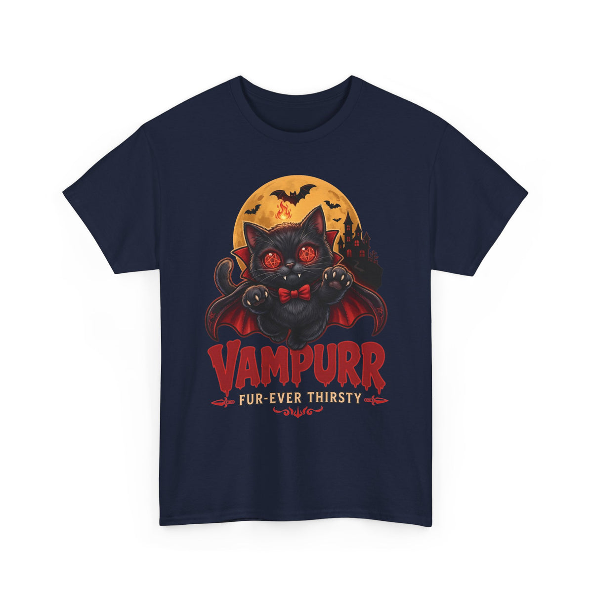 Vampurr Fur-Ever Thirsty Cat T-Shirt — Spooky Halloween Vampire Tee
