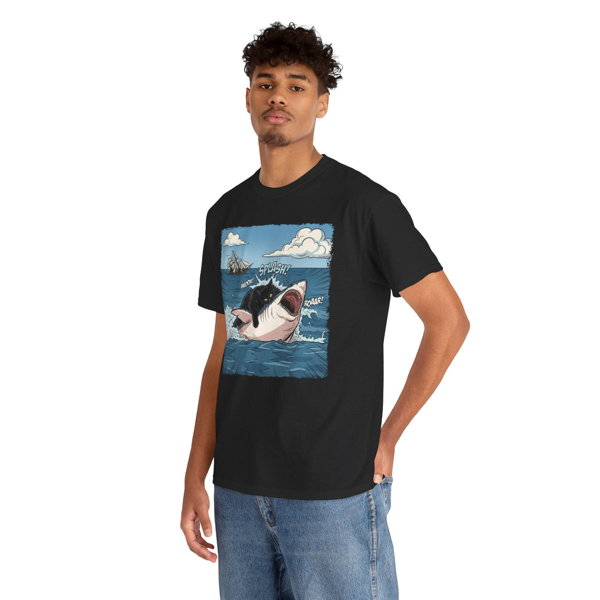 Black Cat Vs White Shark T-Shirt — Funny Comic Book Ocean Battle Tee