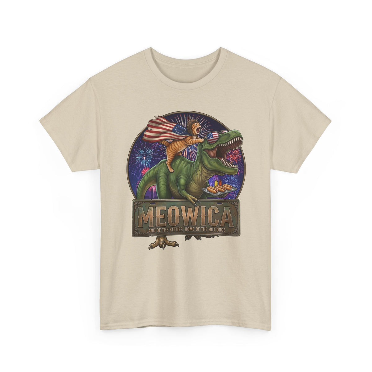 4th of July Cat Riding T‑Rex T‑Shirt "Meowica: Land of the Kitties" Patriotic Graphic