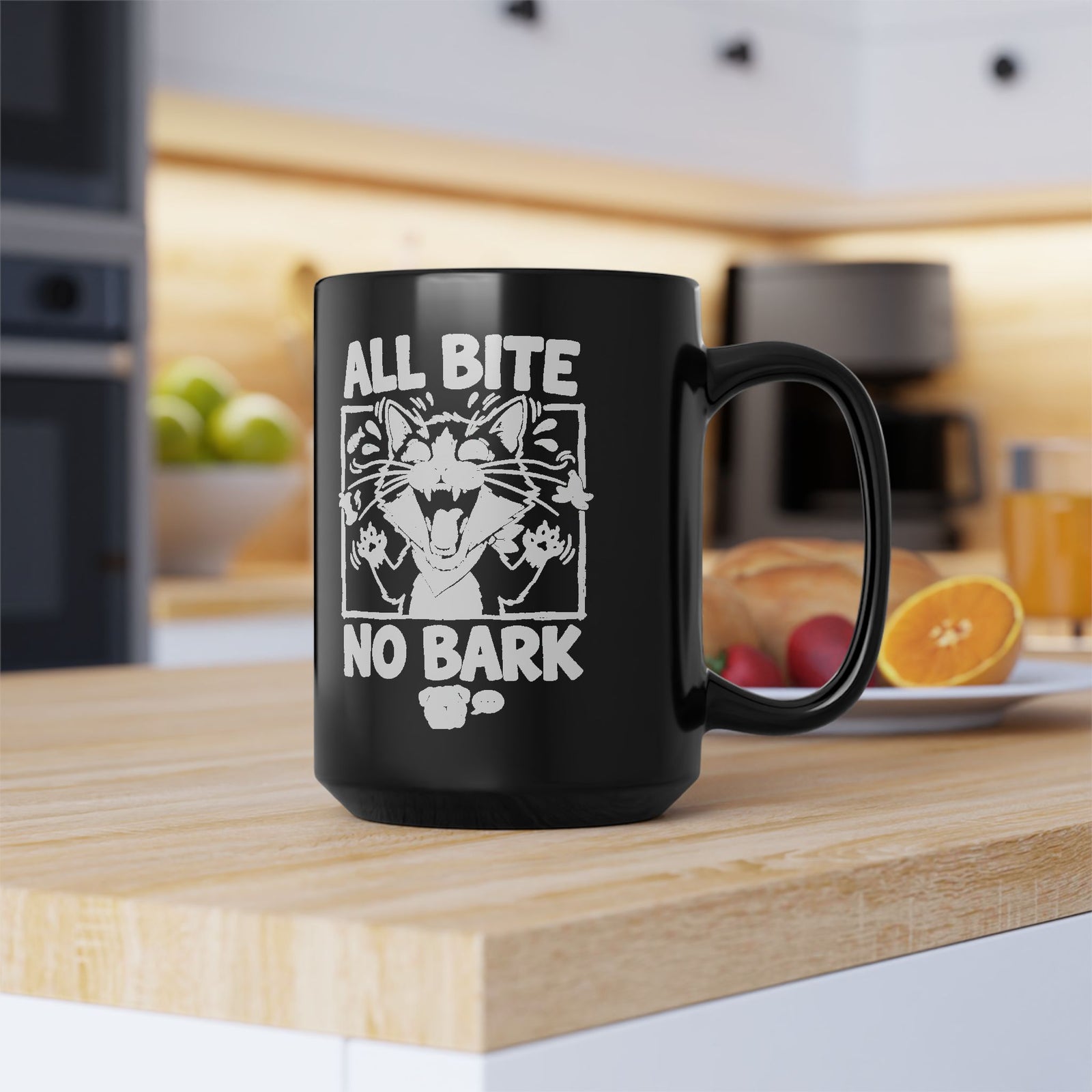 Cat All Bite No Bark Black Mug — Funny Cat Lover Mug