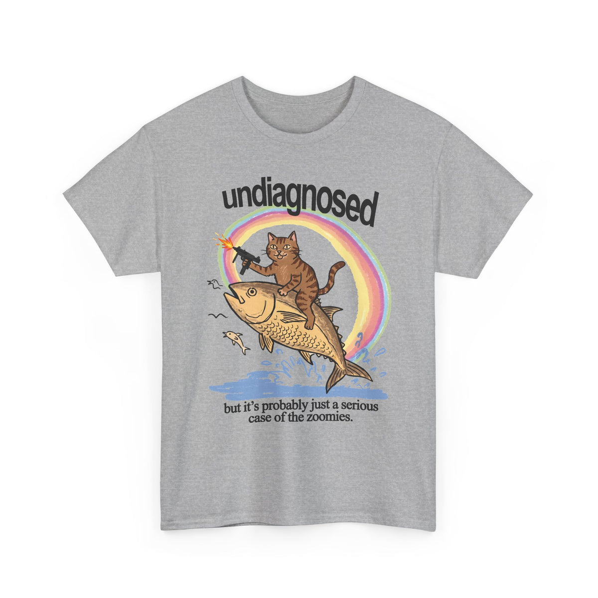 Undiagnosed Case Of The Zoomies T-Shirt — Machine Gun Cat Riding Fish Tee