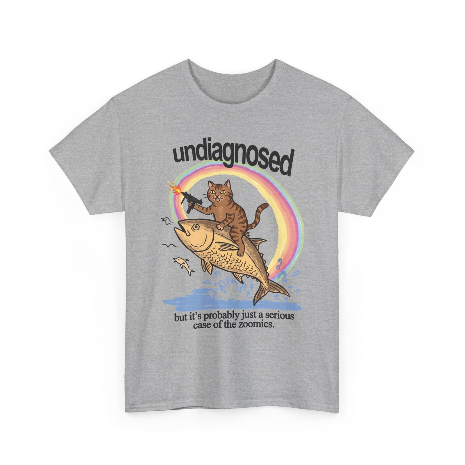 Undiagnosed Case Of The Zoomies T-Shirt — Machine Gun Cat Riding Fish Tee