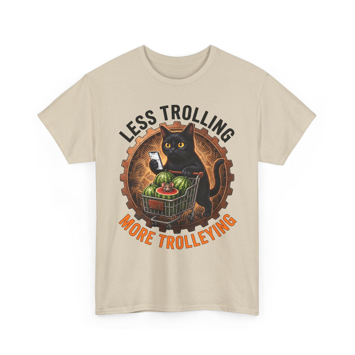 Less Trolling More Trolleying T-Shirt — Funny Black Cat Shopping Cart Pun Tee