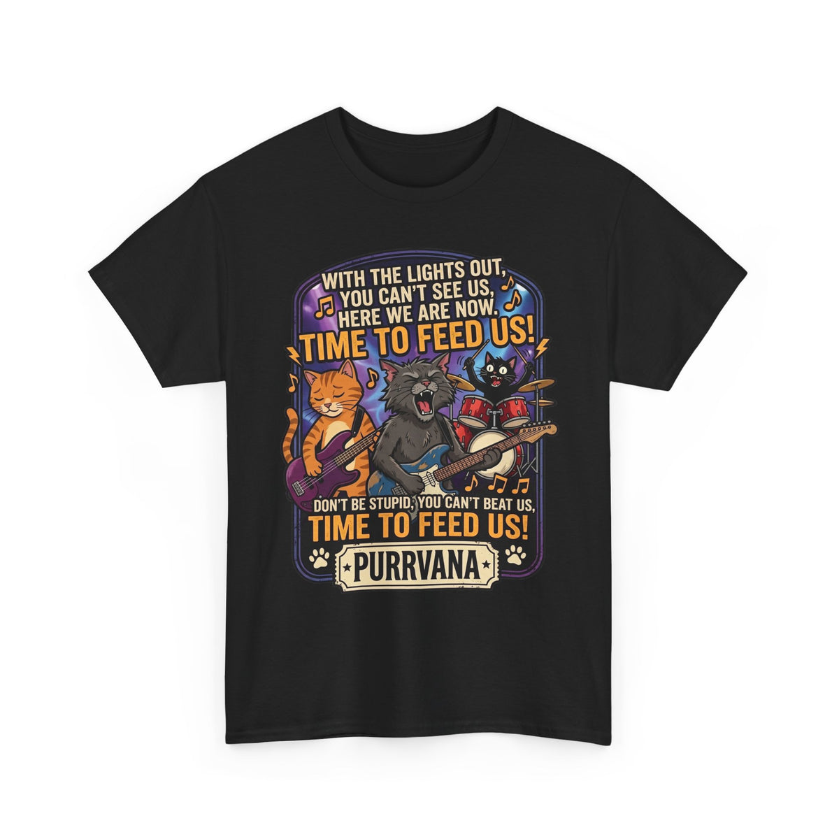 Purrvana Cat Band Graphic Tee — “Time to Feed Us!” Funny Cat Music T-Shirt