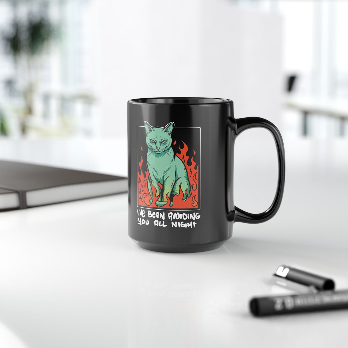 I've Been Avoiding You All Night Black Mug — Funny Introvert Cat Flames Mug