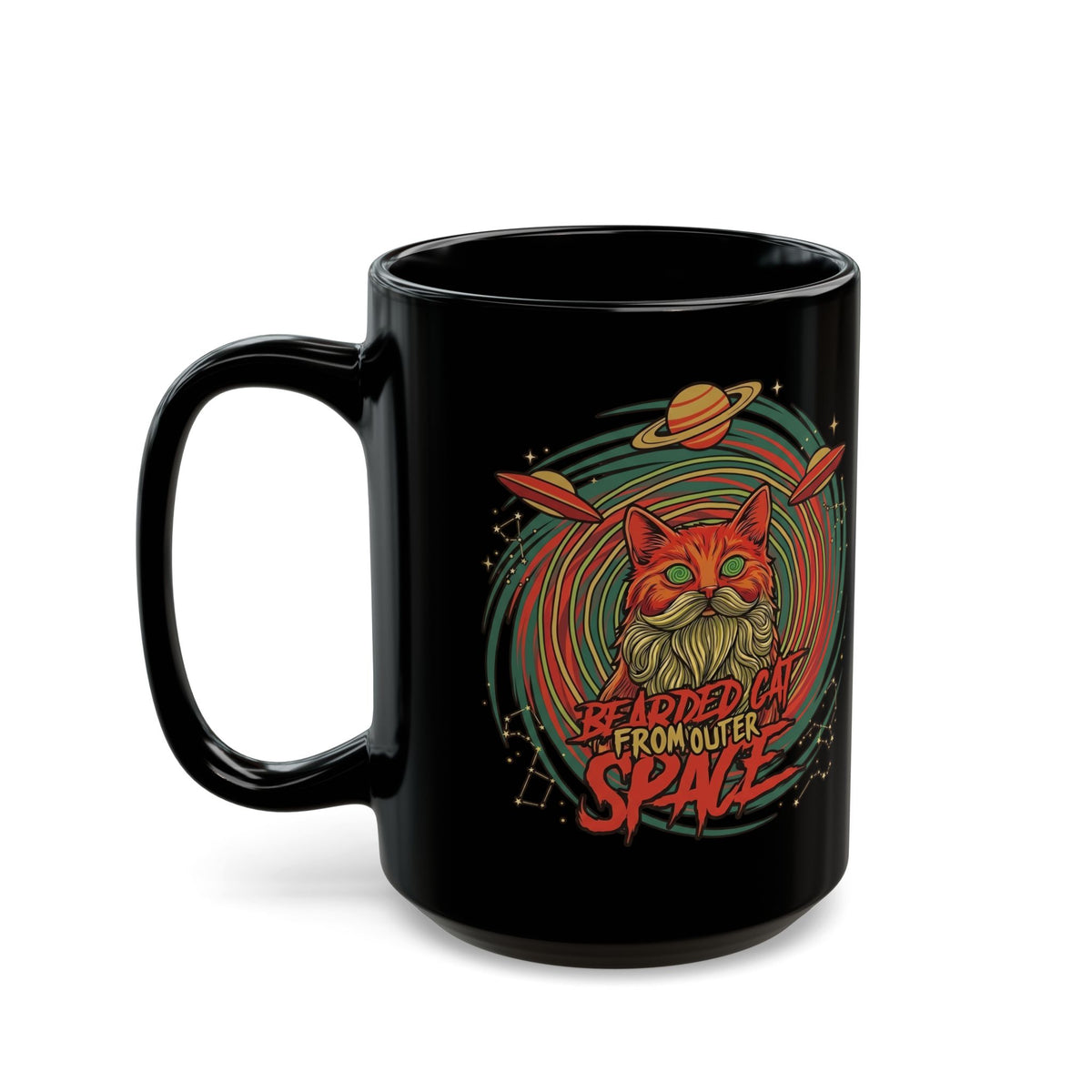 Bearded Cat from Outer Space Black Mug