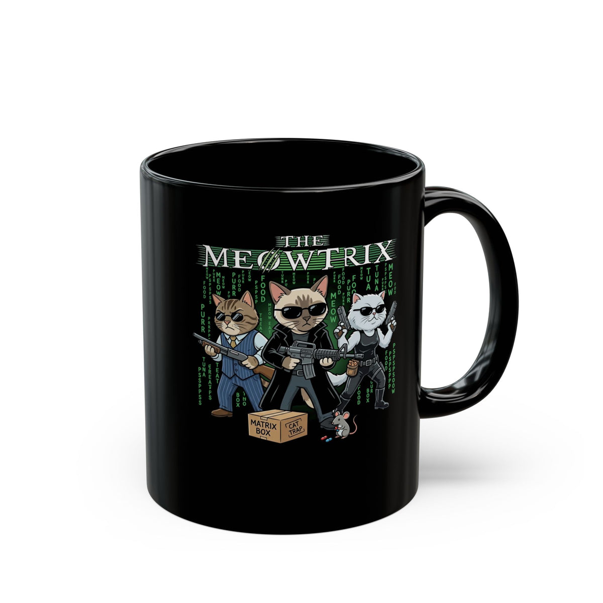 The Meowtrix Cat Movie Parody Black Mug