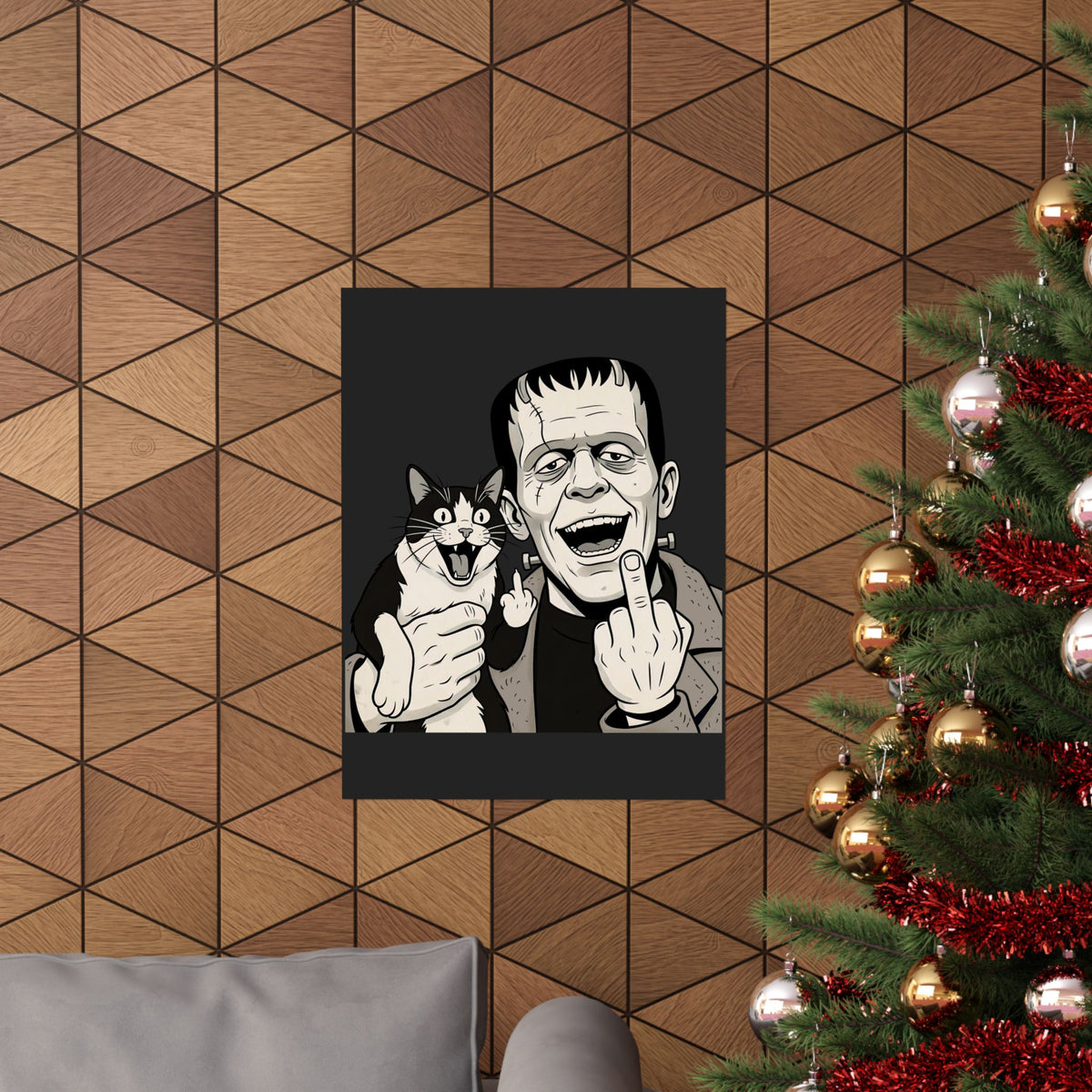 Frankenstein Cat T‑Poster — Cute Spooky Cat & Frankenstein Design