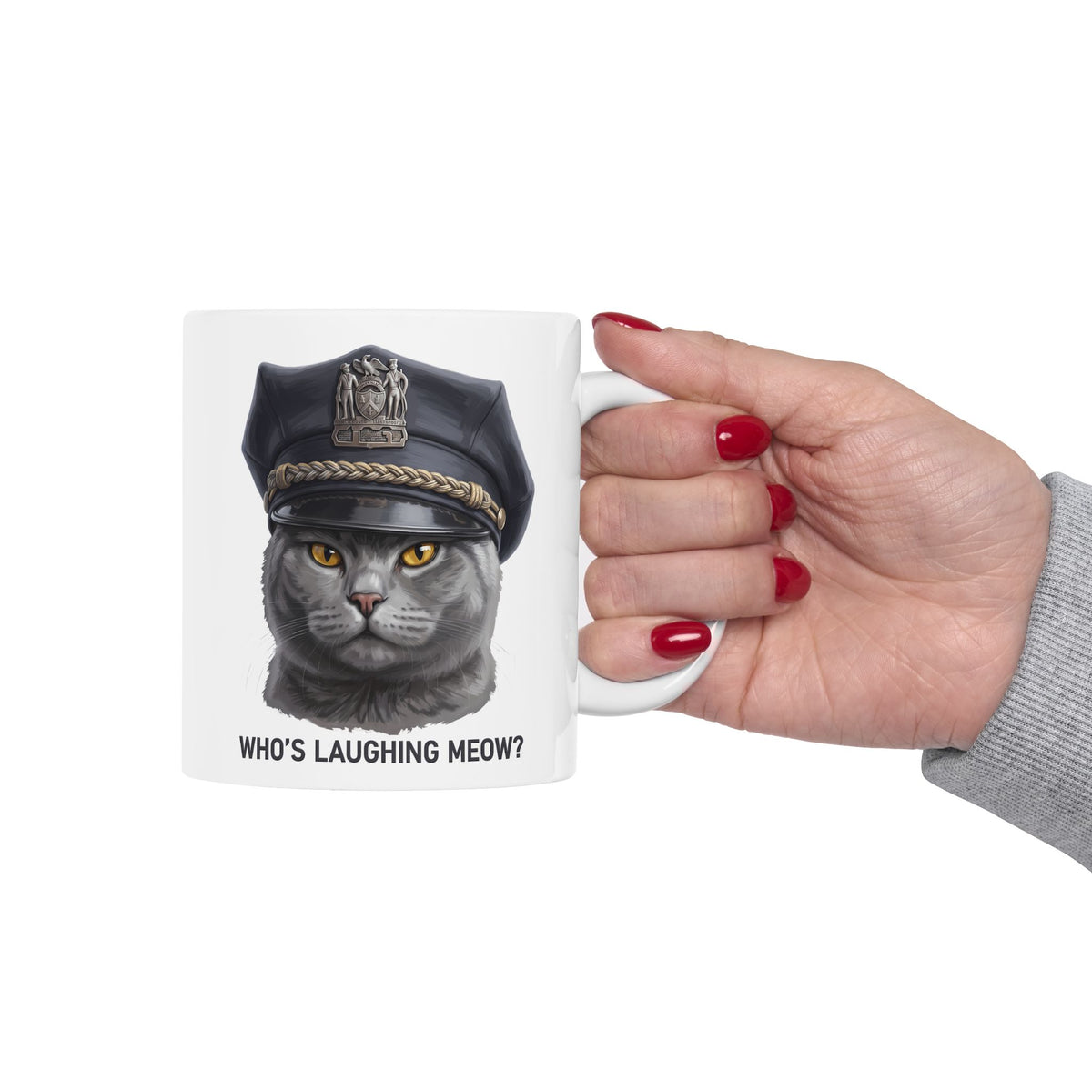 Who's Laughing Meow Ceramic Mug — Funny Police Cat Graphic Mug