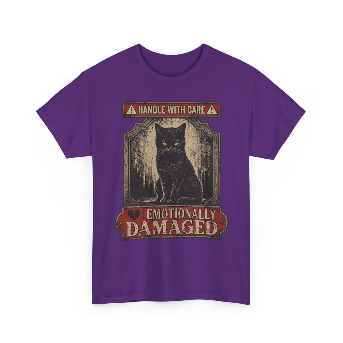 Emotionally Damaged Cat T-Shirt – "Handle With Care" Vintage Black Tee