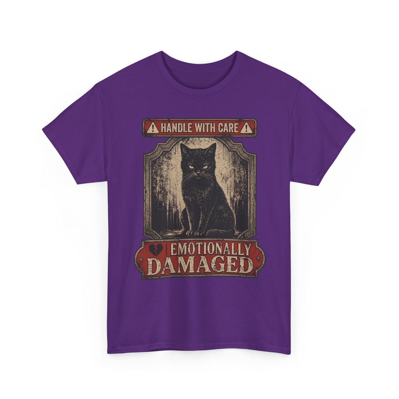Emotionally Damaged Cat T-Shirt – "Handle With Care" Vintage Black Tee