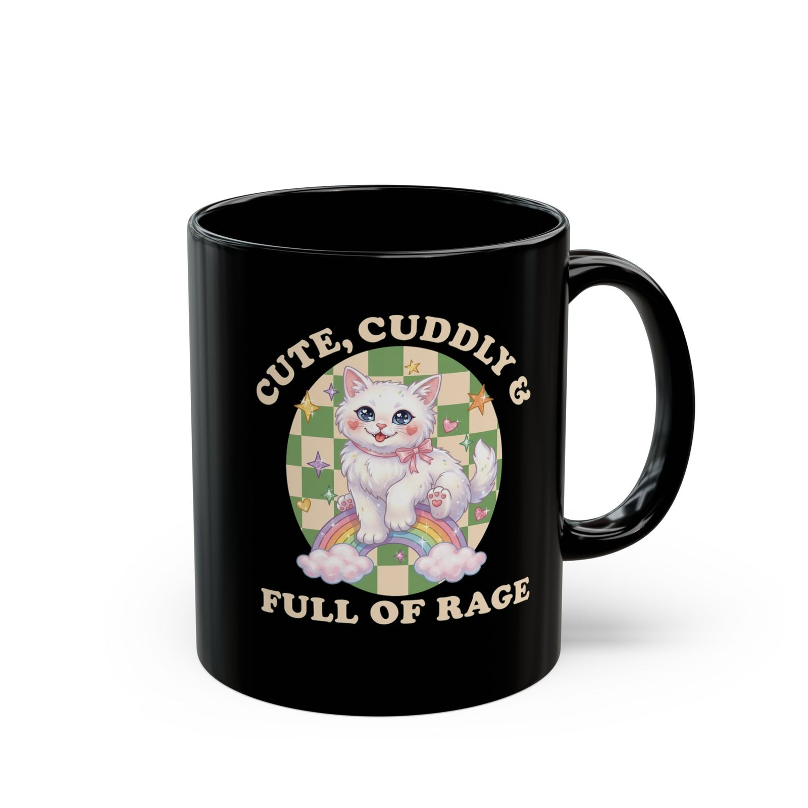 Cute Cuddly & Full of Rage Black Mug — Funny Kawaii Kitten Graphic Mug