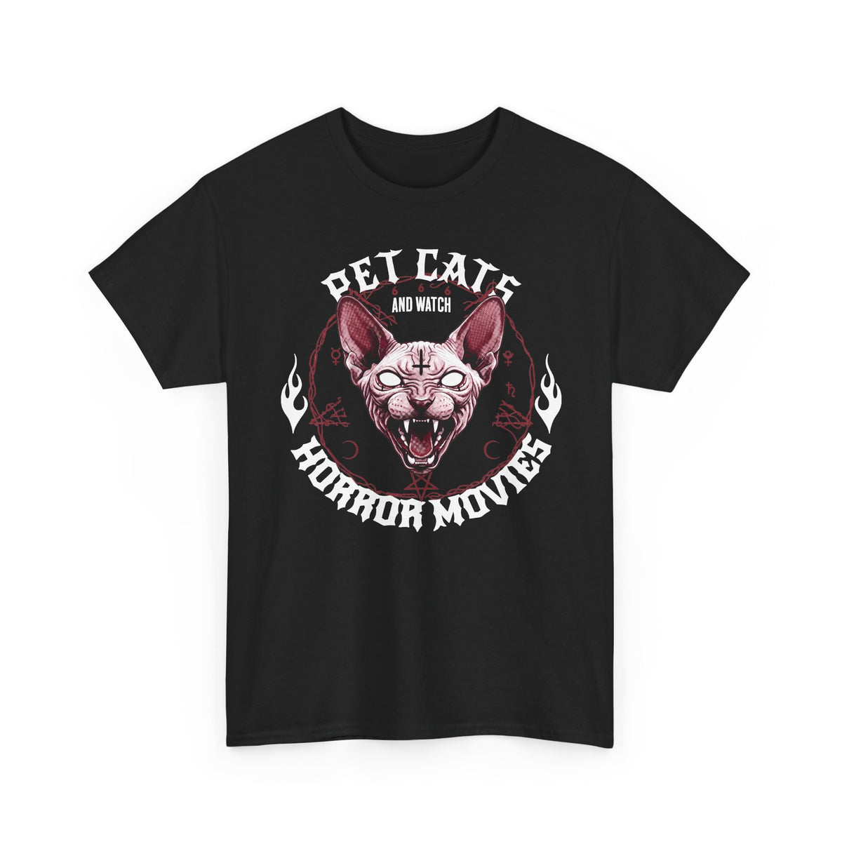 Pet Cats And Watch Horror Movies T-Shirt — Demonic Sphynx Cat Occult Tee