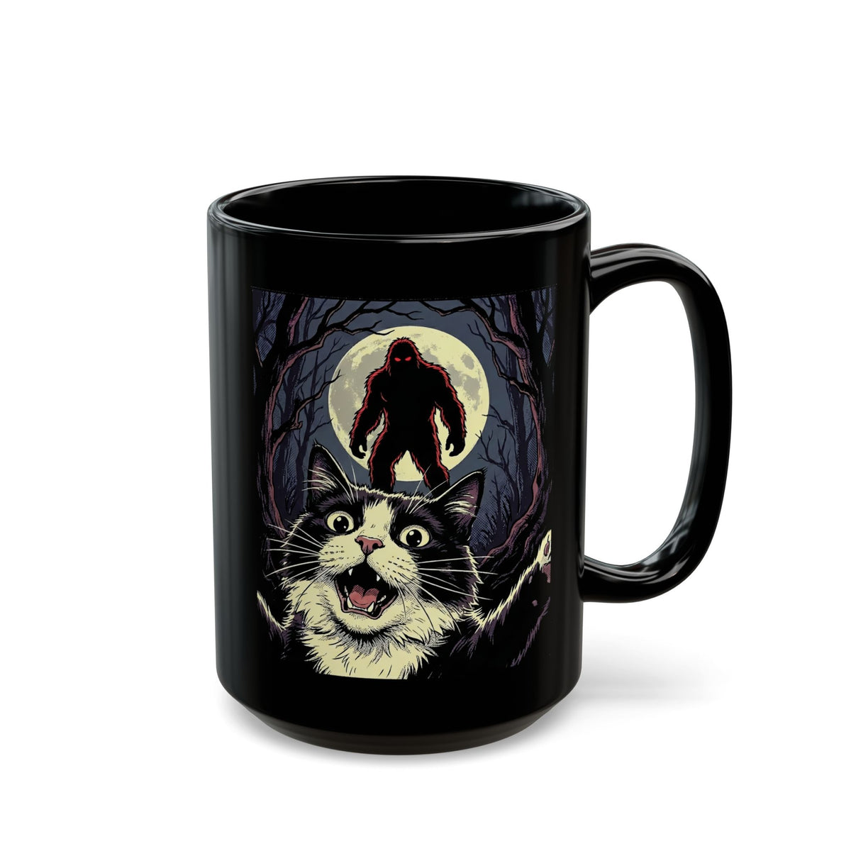 Cat Selfie with Bigfoot Black Mug